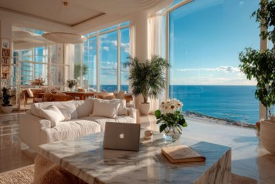 A bright modern marbella living room overlooking the Mediterranean with a laptop and a mortgage folder on a stone island ©2025 Jesse Naylor