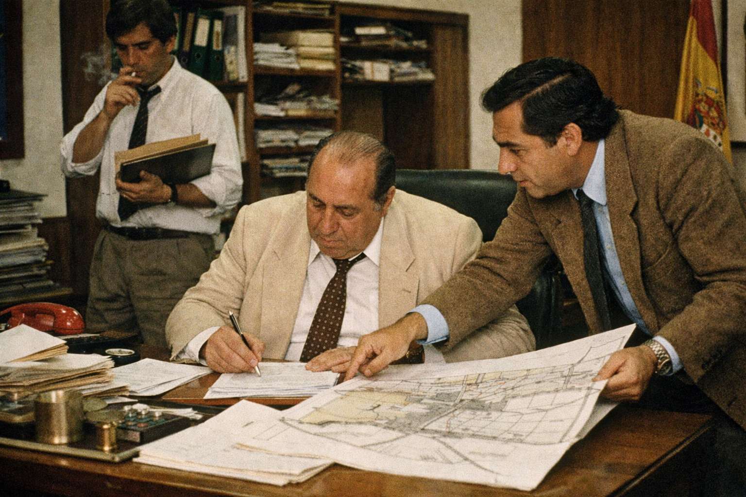 Artistic recreation of a 1980's Marbella town hall scene during the planning of the 1986 PGOU - Image ©2026 by Jesse Naylor